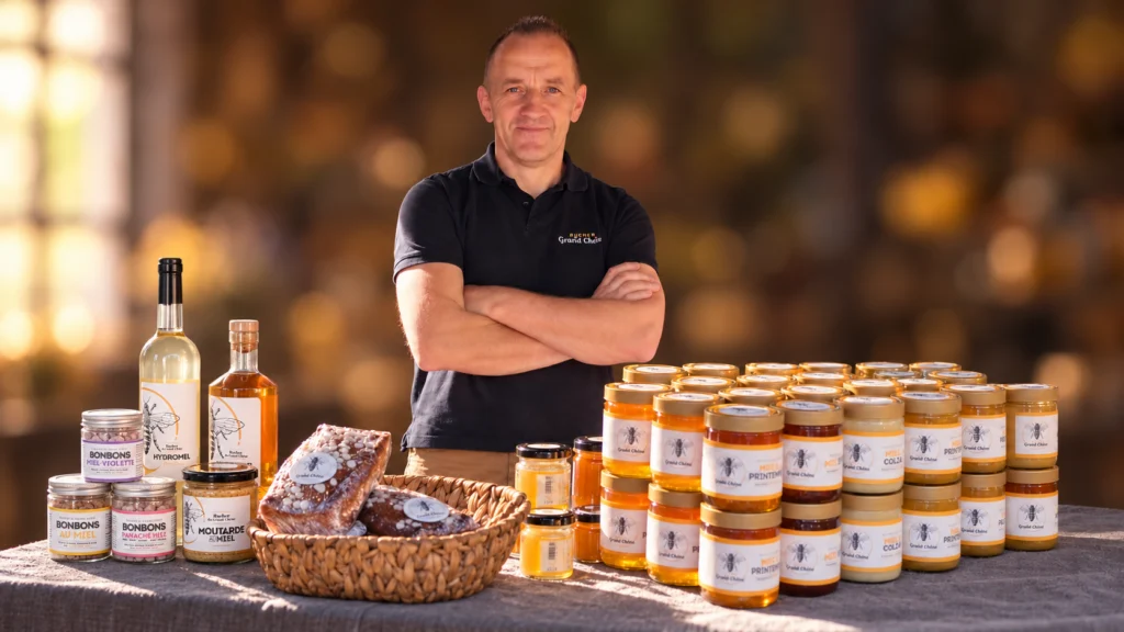 Apiculteur devant ses pots de miel et ses produits dérivés de la ruche