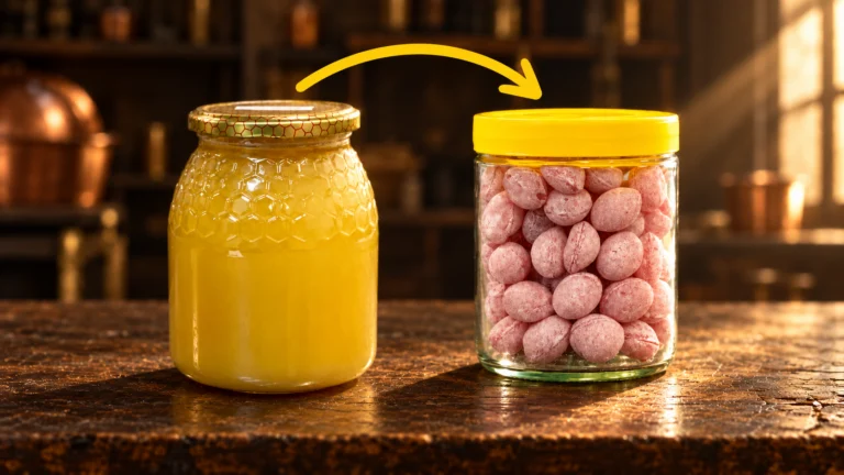 Pot de miel transformé en pot de bonbons au miel fabriqués à façon