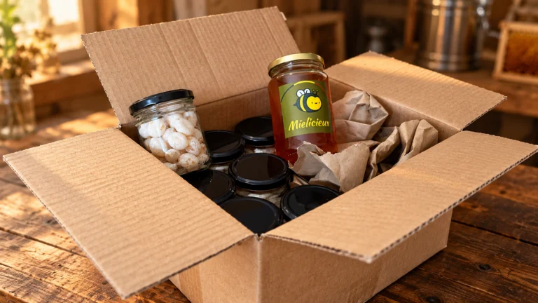 Colis de pots de miel et de confiseries au miel prêts à la vente