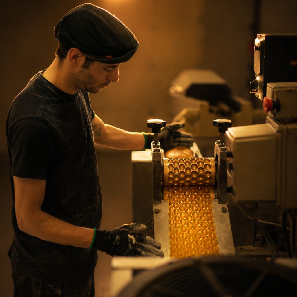 Confiseur façonnant les bonbons au miel à la machine à rouleaux