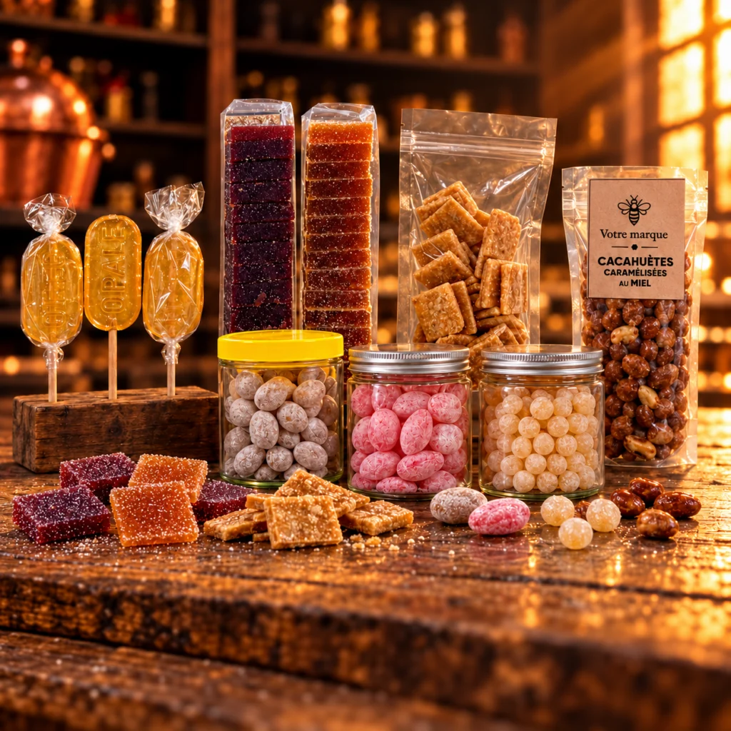 Confiseries au miel sous la marque de l’apiculteur : sucettes, pâtes de fruits, nougatine, bonbons et cacahuètes caramélisées