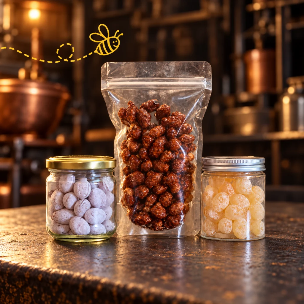 Trio de confiseries au miel en pots et en sachet pour tester la vente