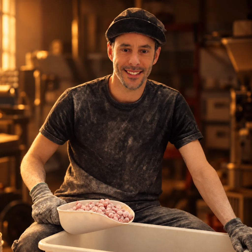 Artisan confiseur souriant avec un bac de bonbons au miel